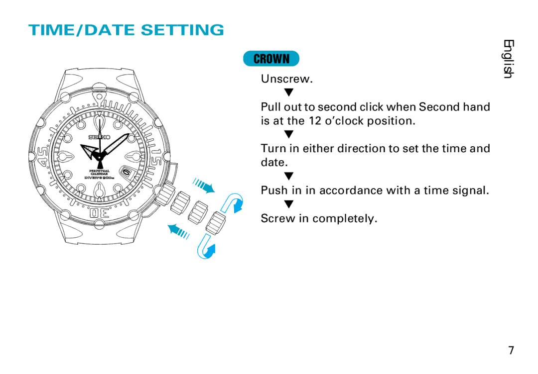 Seiko 8F35 manual TIME/DATE Setting, Crown 