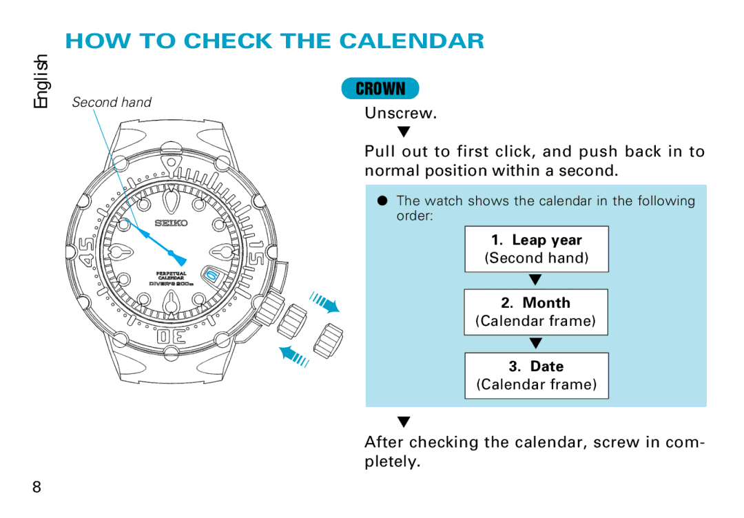 Seiko 8F35 manual HOW to Check the Calendar, Leap year, Month, Date 