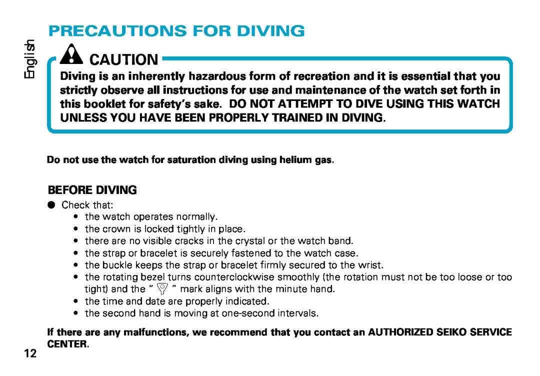 Seiko 8F35 manual Precautions For Diving, English 