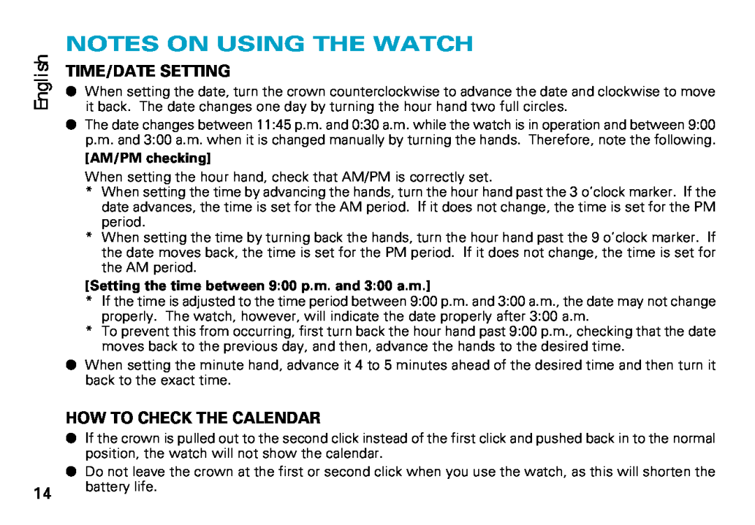 Seiko 8F35 manual Notes On Using The Watch, English, Time/Date Setting, How To Check The Calendar, AM/PM checking 