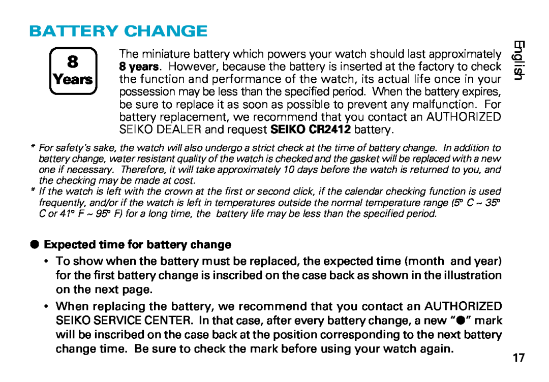 Seiko 8F35 manual Battery Change, English, Expected time for battery change 