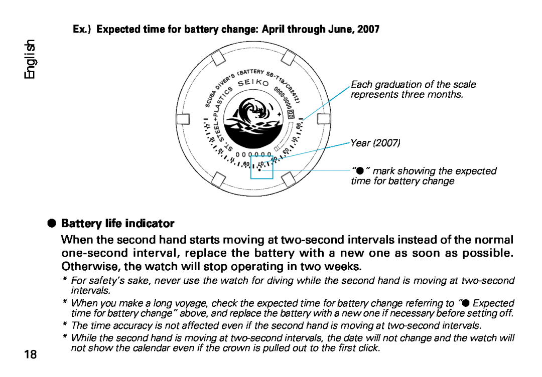 Seiko 8F35 manual English, Ex. Expected time for battery change April through June, Battery life indicator 