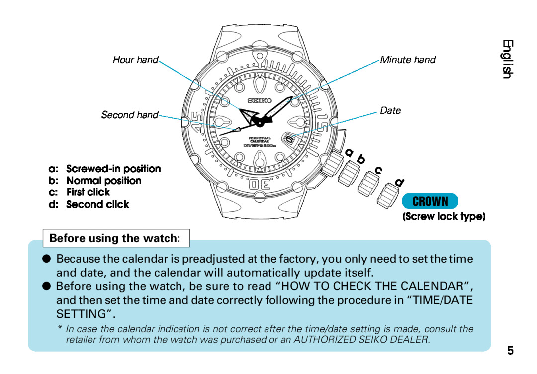 Seiko 8F35 manual English, Before using the watch, Screw lock type 