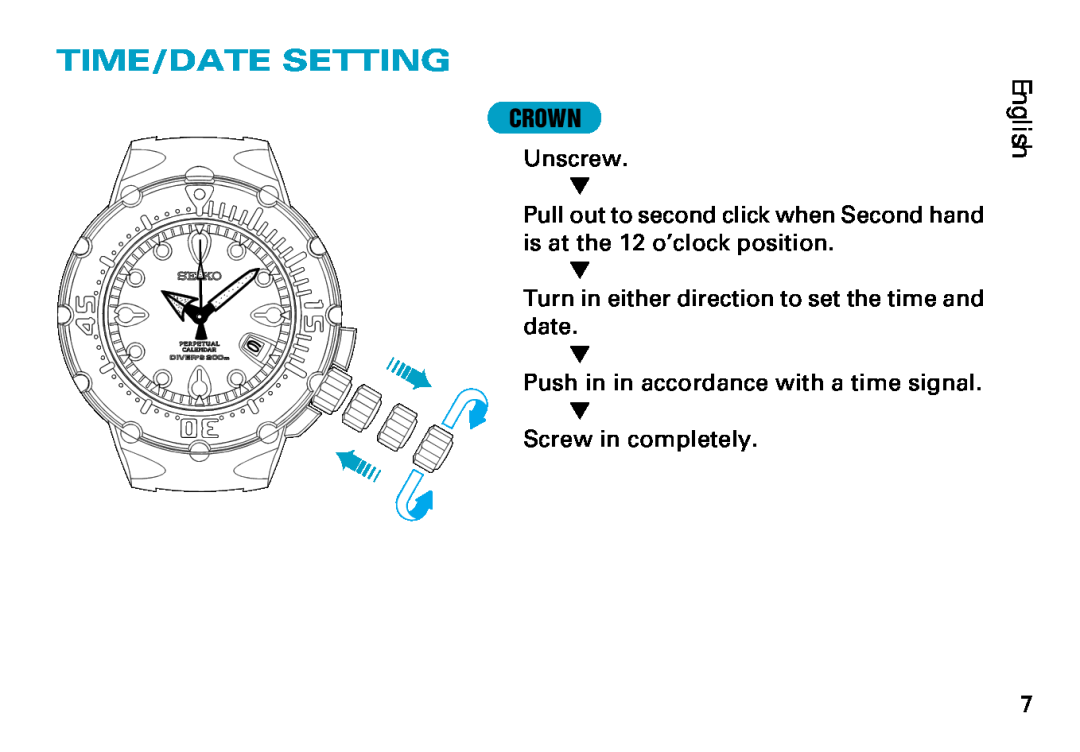 Seiko 8F35 manual Time/Date Setting, English, Crown 