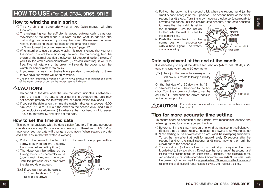 Seiko 9R65, 9R15 How to wind the main spring, Tips for more accurate time setting, Date adjustment at the end of the month 