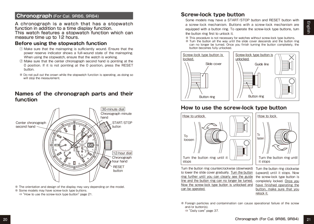 Seiko 9R15 Names of the chronograph parts and their function, Screw-lock type button, Before using the stopwatch function 