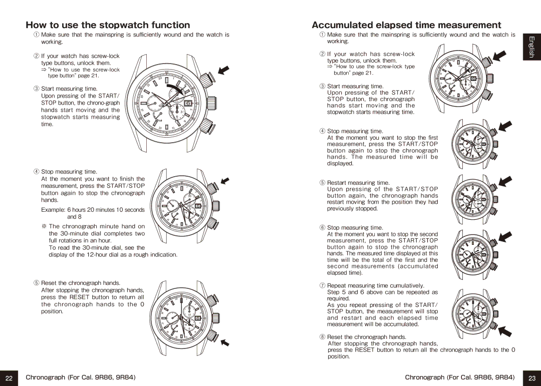 Seiko 9R65, 9R15 How to use the stopwatch function, Accumulated elapsed time measurement, ② If your watch has screw-lock 