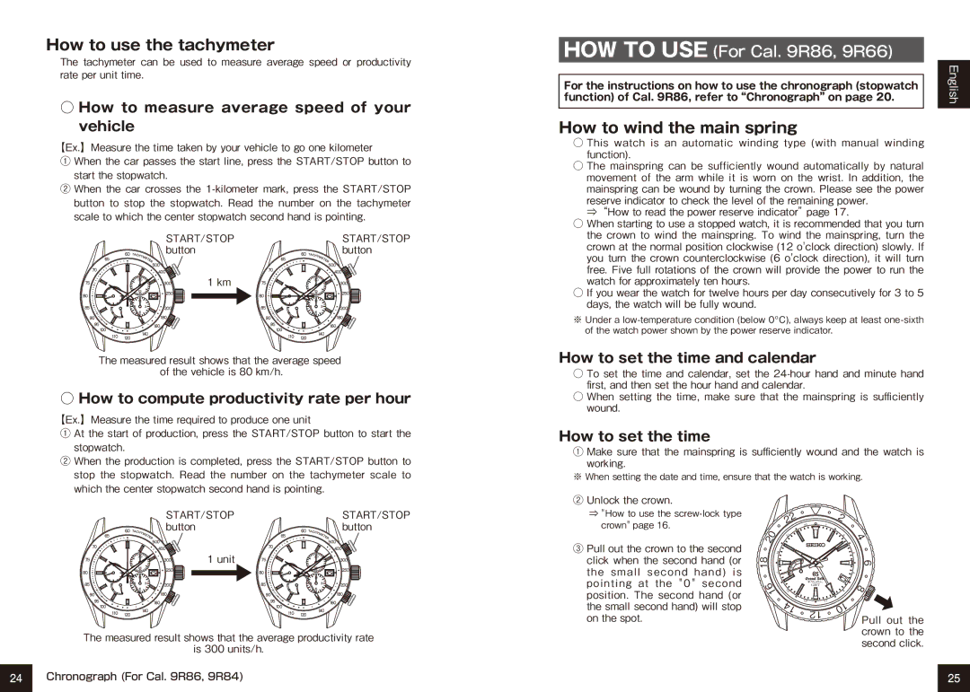 Seiko 9R15, 9R65 How to use the tachymeter, How to measure average speed of your vehicle, How to set the time and calendar 