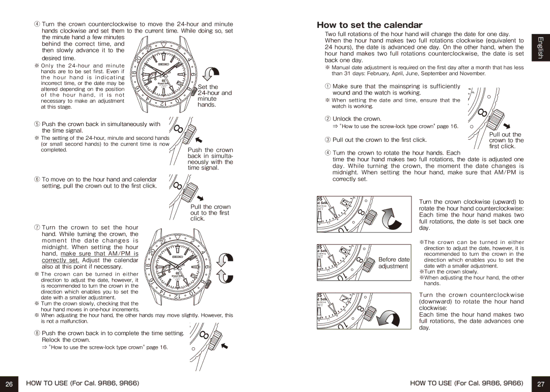 Seiko 9R65, 9R15 manual How to set the calendar 