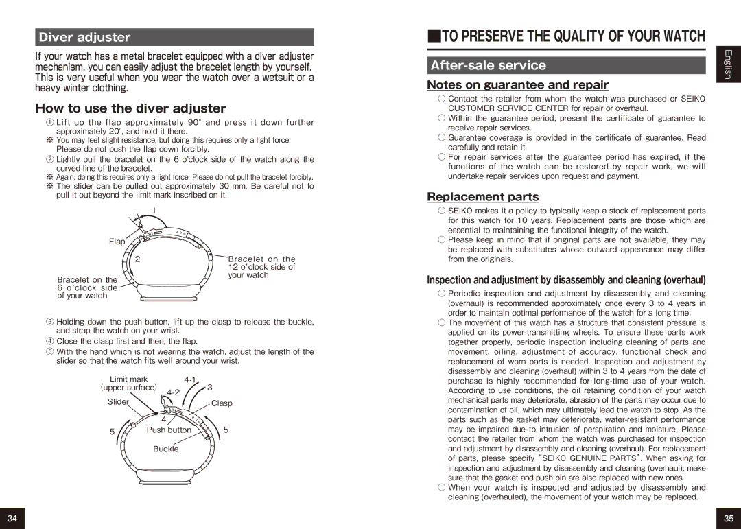 Seiko 9R65, 9R15 manual Diver adjuster, How to use the diver adjuster, After-sale service, Replacement parts 