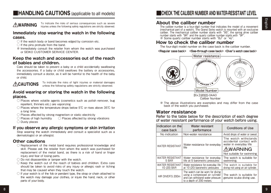 Seiko 9R15, 9R65 manual About the caliber number, How to check the caliber number, Water resistance 