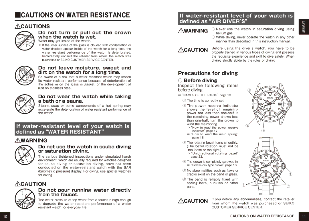 Seiko 9R65, 9R15 manual Precautions for diving 