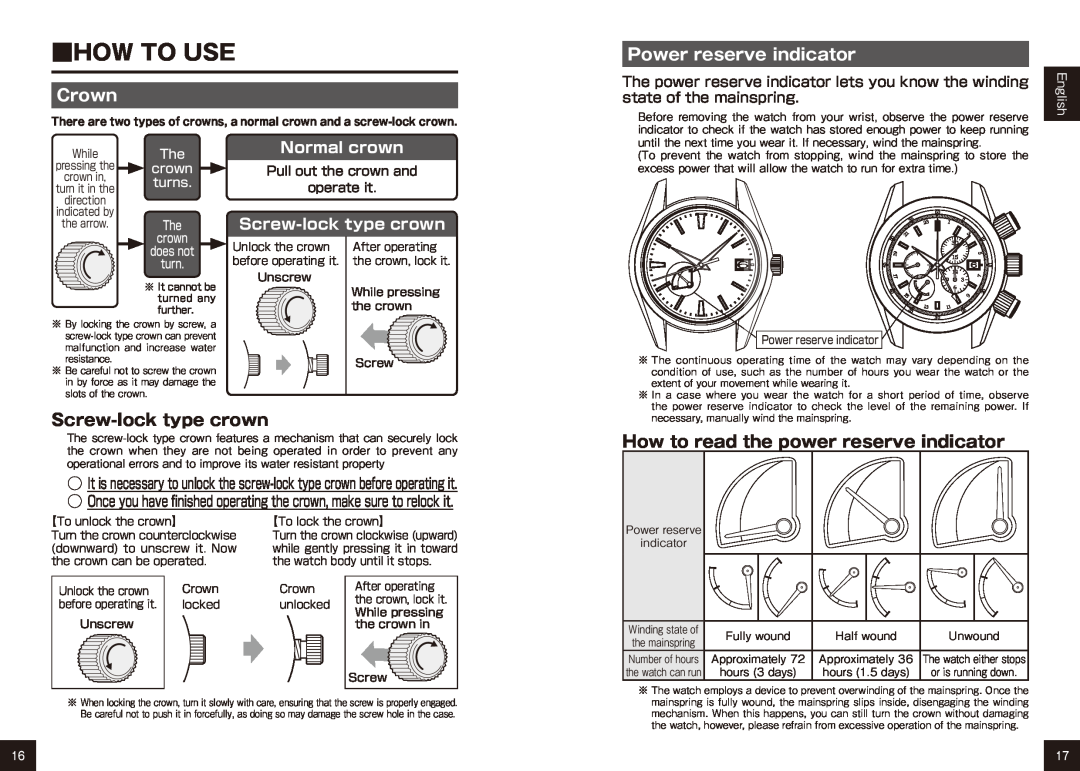 Seiko 9R15 How To Use, Crown, Screw-lock type crown, Power reserve indicator, How to read the power reserve indicator 