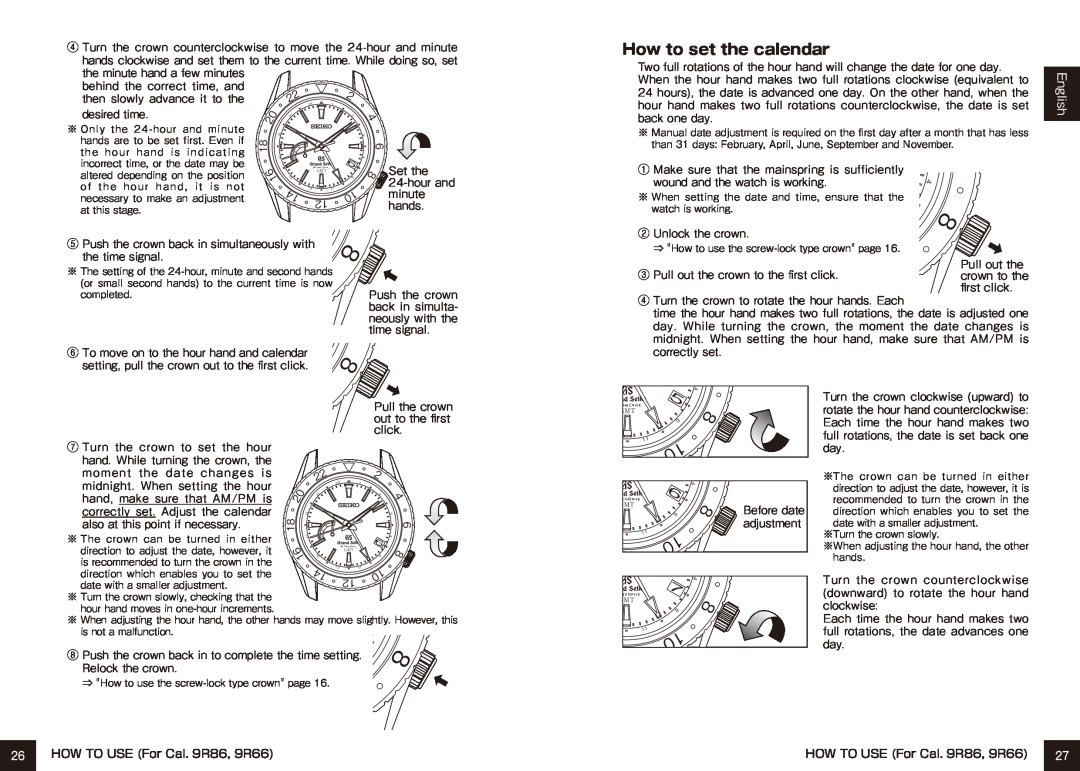 Seiko 9R65, 9R15 manual How to set the calendar, HOW TO USE For Cal. 9R86, 9R66, English 