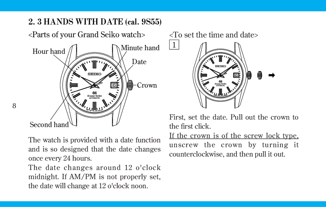 Seiko 9S519S559S56 manual Hour hand, Date 