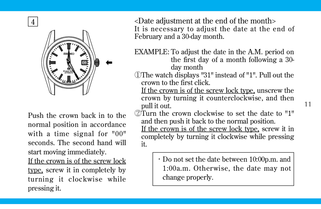 Seiko 9S519S559S56 manual Date adjustment at the end of the month 