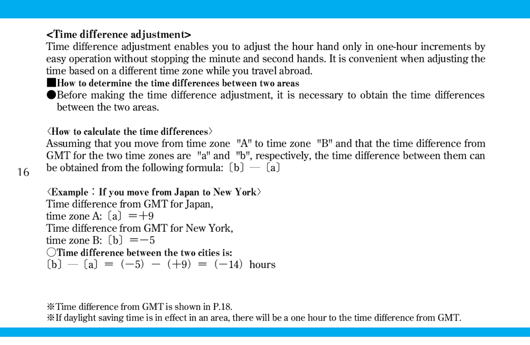 Seiko 9S519S559S56 manual Time difference adjustment, Be obtained from the following formula〔b〕―〔a〕 