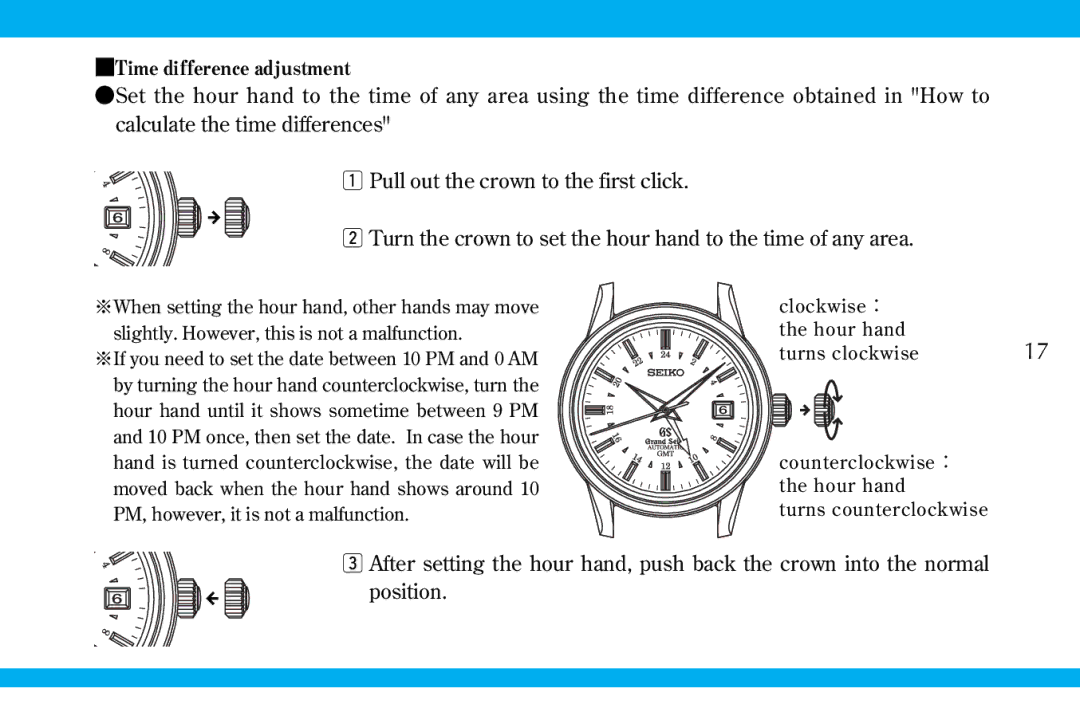 Seiko 9S519S559S56 manual Time difference adjustment 