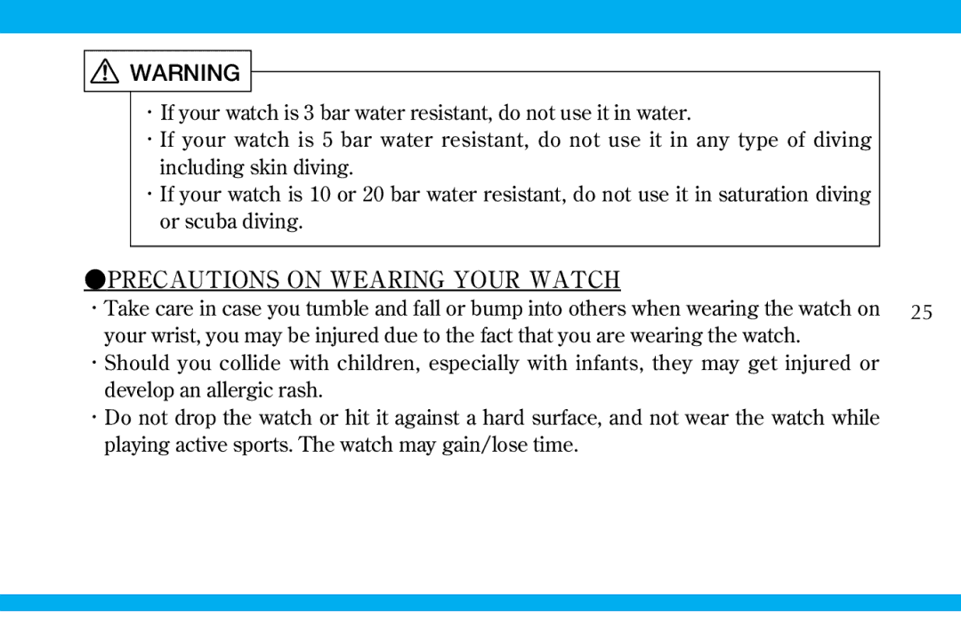 Seiko 9S519S559S56 manual Precautions on Wearing Your Watch 