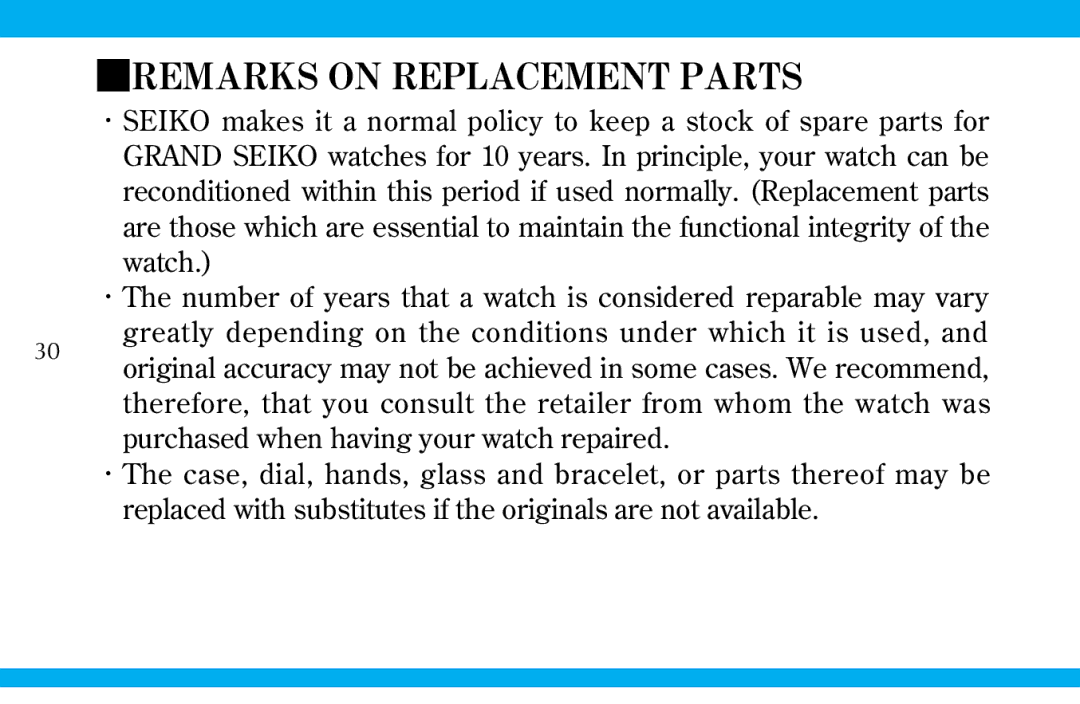 Seiko 9S519S559S56 manual Remarks on Replacement Parts 