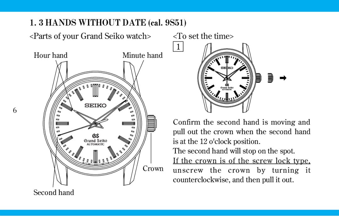 Seiko 9S519S559S56 manual To set the time, Hour hand Minute hand Crown Second hand 