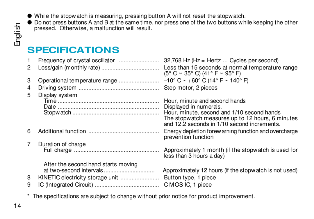 Seiko 9T82 manual Specifications 