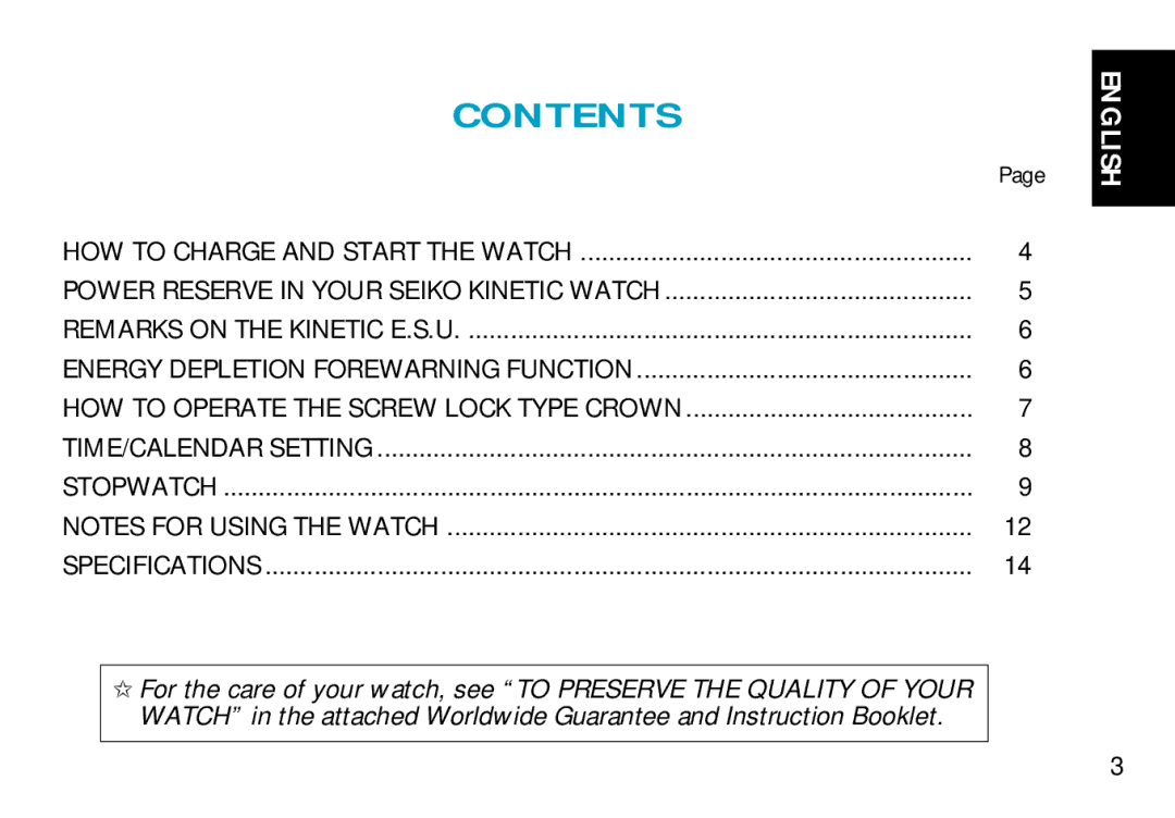 Seiko 9T82 manual Contents 