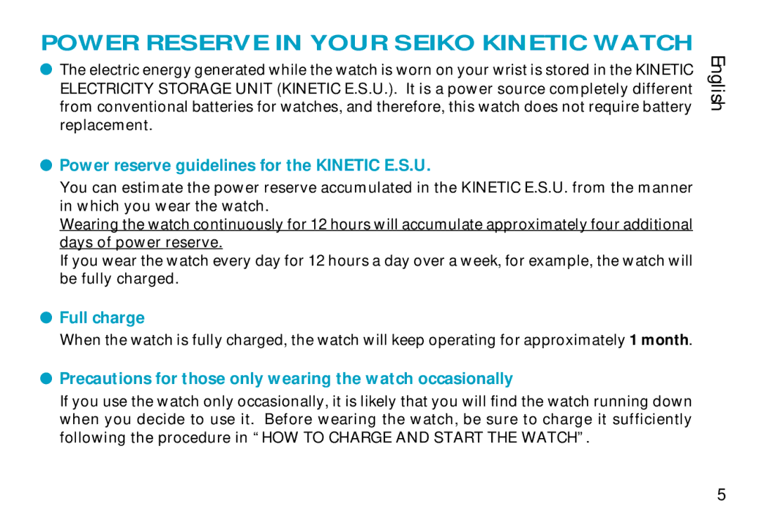 Seiko 9T82 manual Power Reserve in Your Seiko Kinetic Watch, Power reserve guidelines for the Kinetic E.S.U 