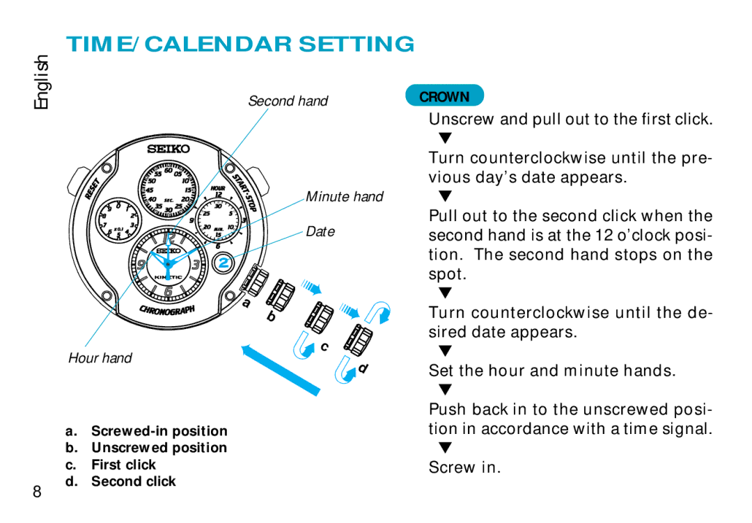 Seiko 9T82 manual TIME/CALENDAR Setting, Crown 