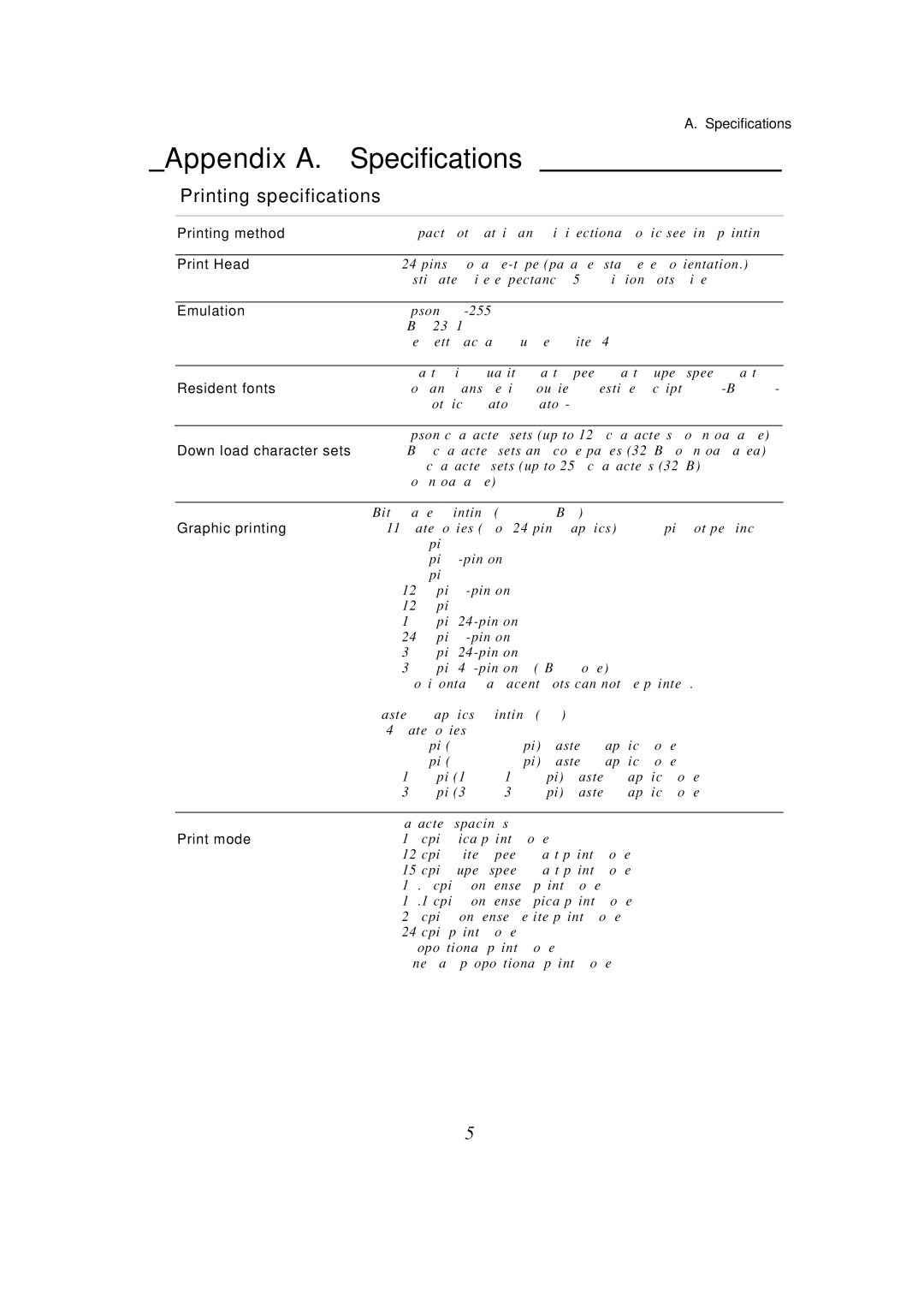 Seiko BX-900 owner manual Appendix A. Specifications, Printing specifications 