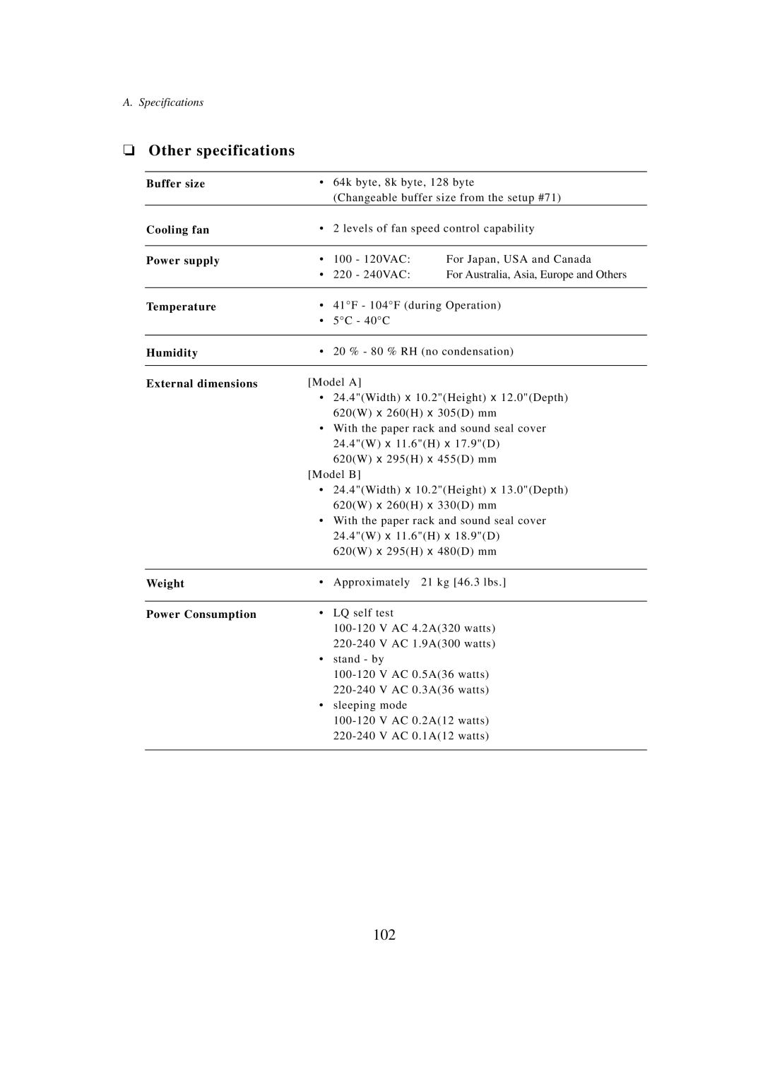 Seiko BX-900 owner manual Other specifications, 102 