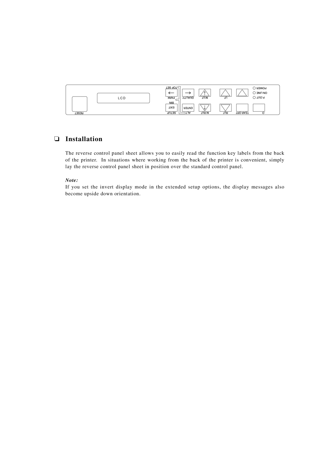 Seiko BX-900 owner manual Appendix D. Reverse control panel sheet, Installation, 136 