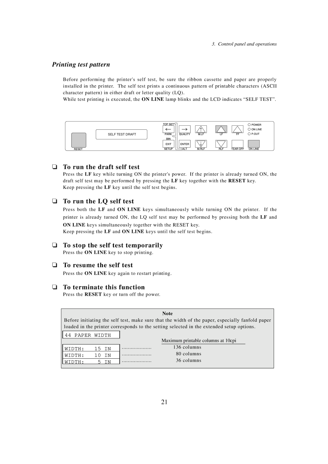 Seiko BX-900 owner manual Printing test pattern 