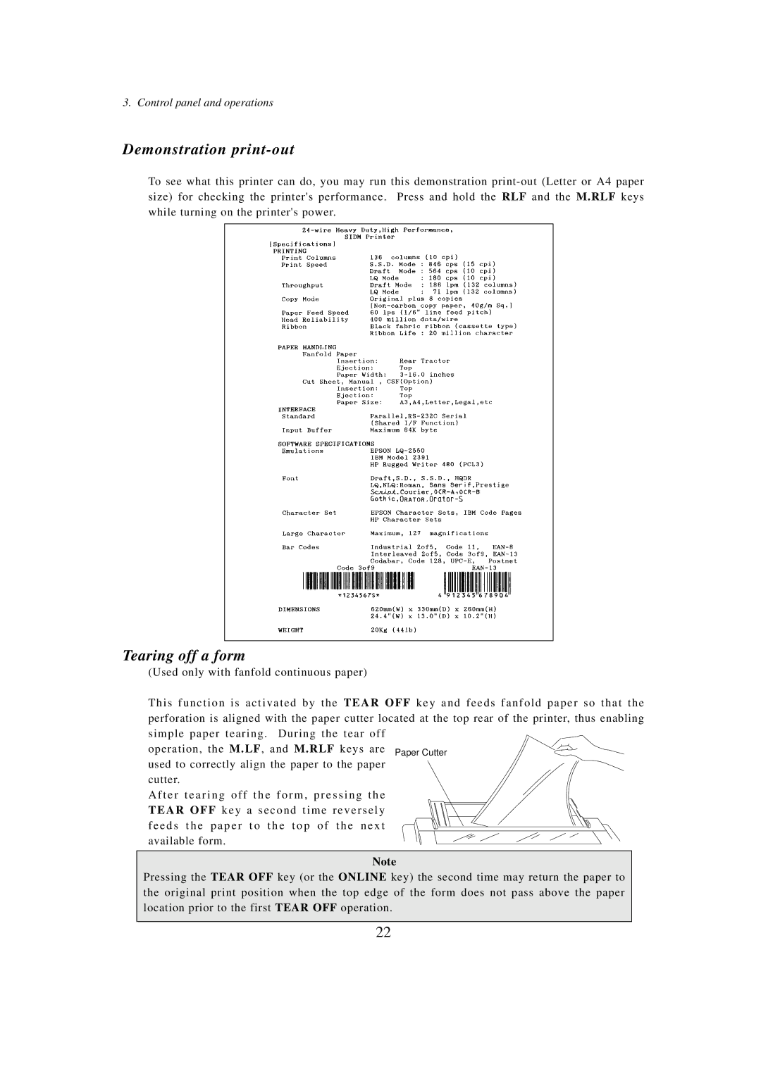 Seiko BX-900 owner manual Demonstration print-out, Tearing off a form 