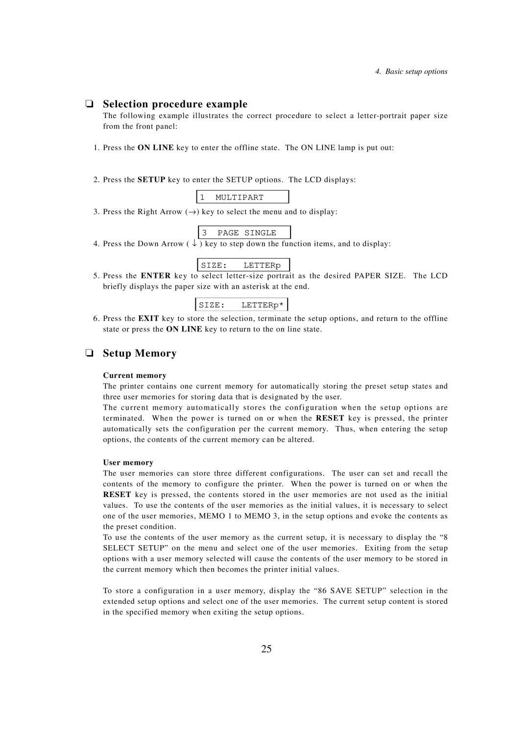 Seiko BX-900 owner manual Selection procedure example, Setup Memory, Multipart, Single 