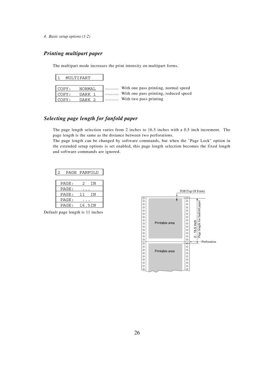 Seiko BX-900 Printing multipart paper, Selecting page length for fanfold paper, Multipart Copy Normal Copy Dark, Fanfold 