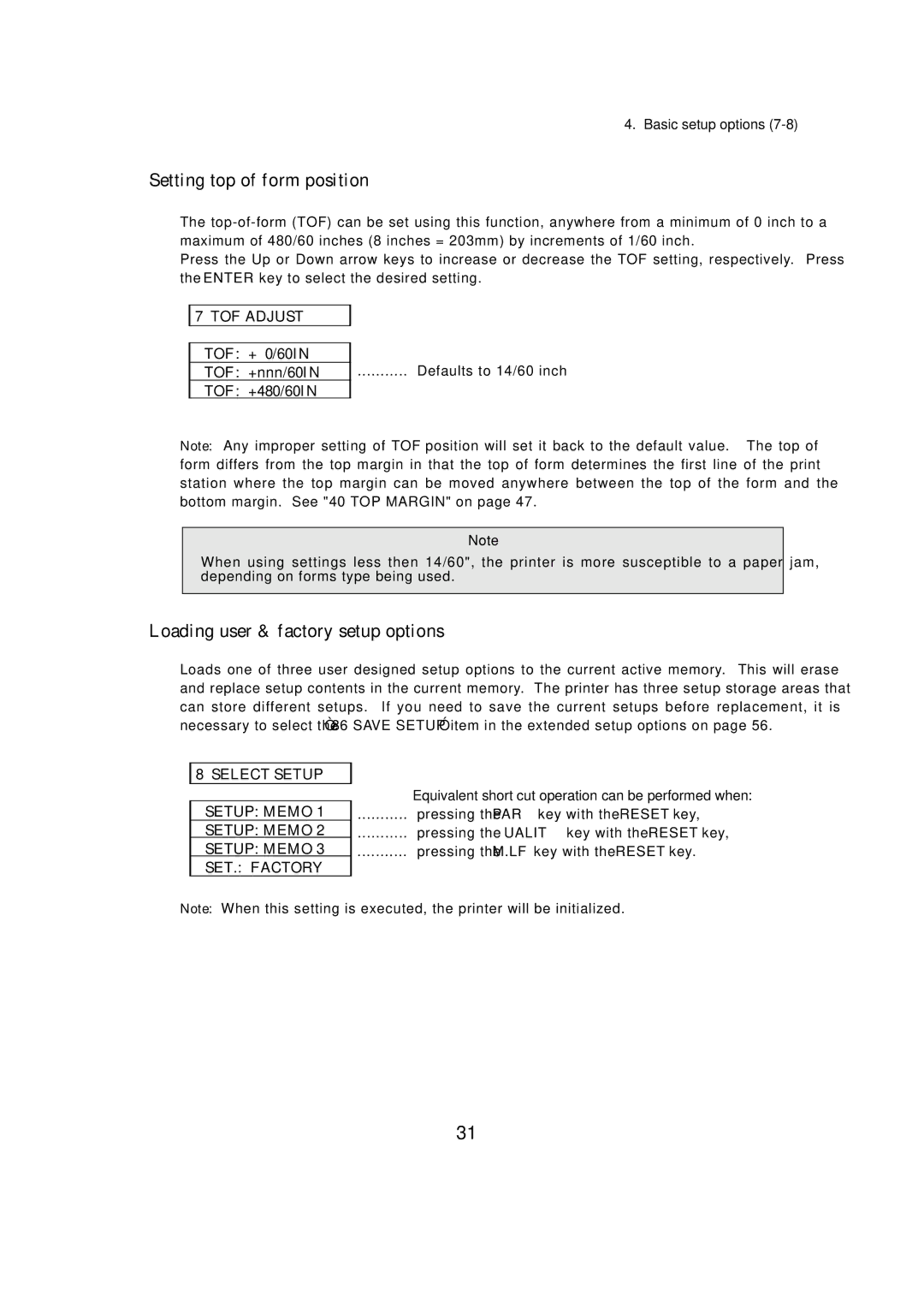 Seiko BX-900 owner manual Setting top of form position, Loading user & factory setup options, TOF Adjust 