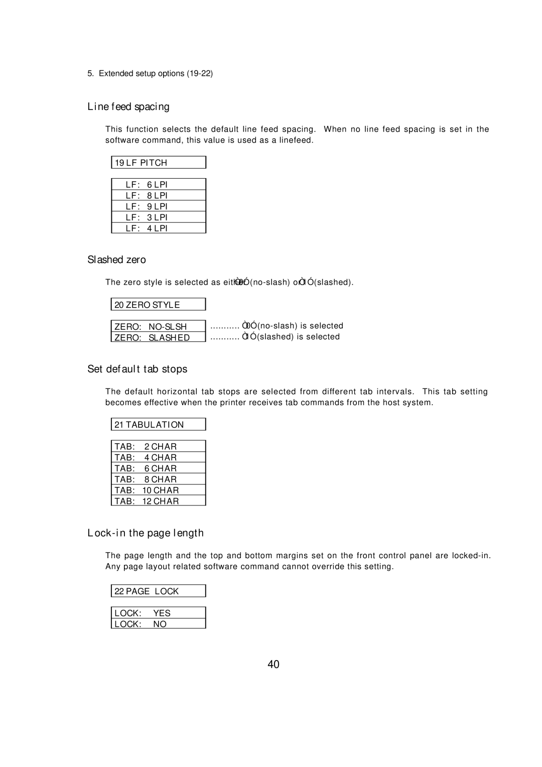 Seiko BX-900 owner manual Line feed spacing, Slashed zero, Set default tab stops, Lock-in the page length 