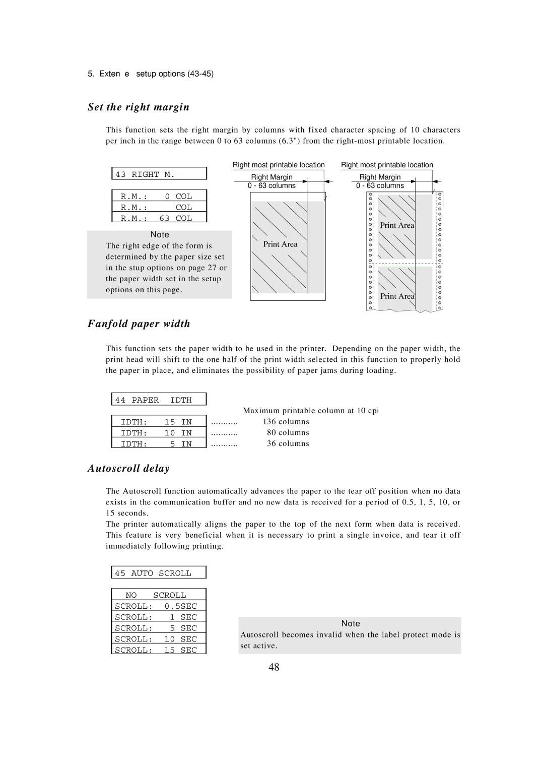 Seiko BX-900 owner manual Set the right margin, Fanfold paper width, Autoscroll delay, Right M 