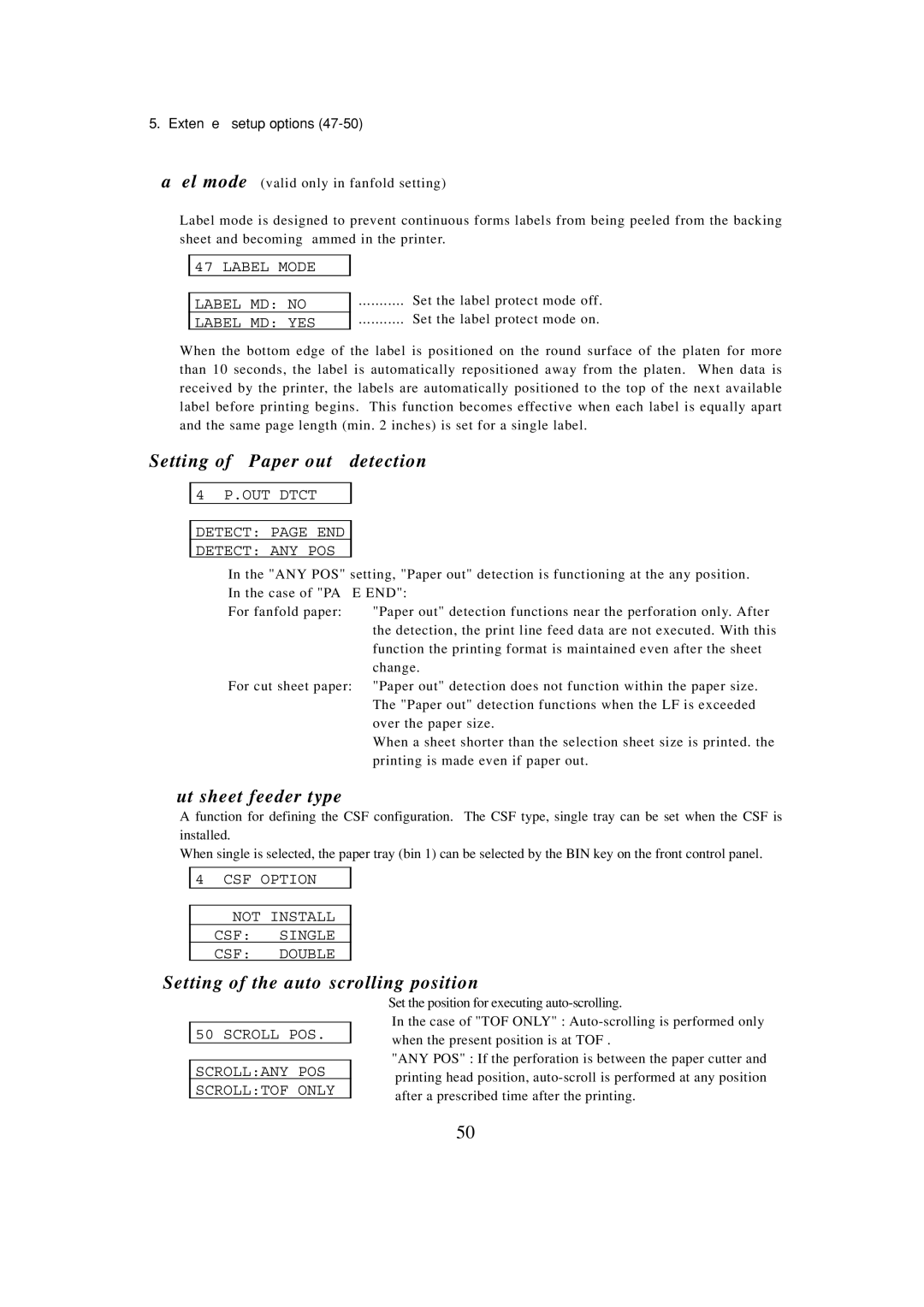 Seiko BX-900 owner manual Setting of Paper out detection, Cut sheet feeder type, Setting of the auto-scrolling position 