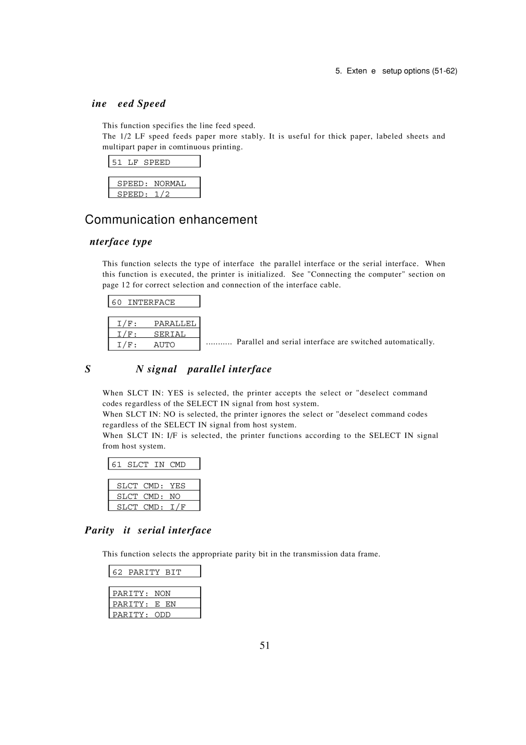 Seiko BX-900 owner manual Line Feed Speed, Interface type, Select in signal parallel interface, Parity bit serial interface 