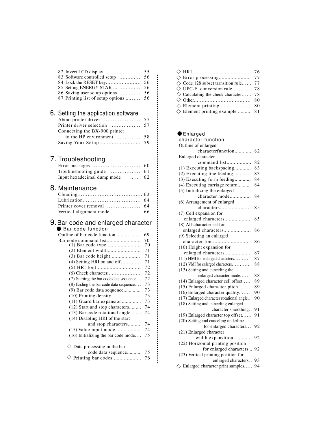 Seiko BX-900 owner manual Setting the application software, Troubleshooting, Maintenance, Bar code and enlarged character 
