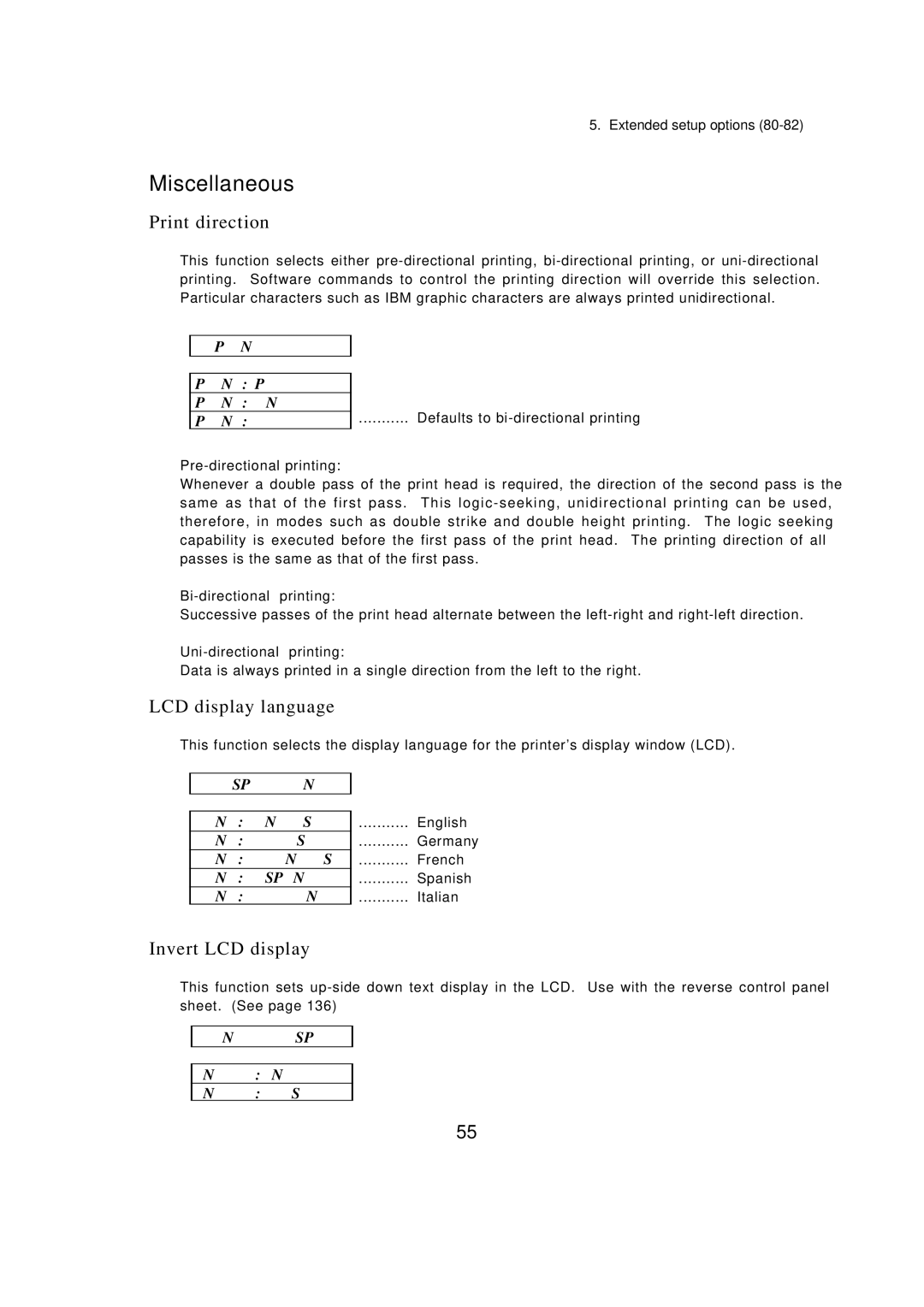 Seiko BX-900 Print direction, LCD display language, Invert LCD display, Print DIR Print PRE-DIR Print UNI-DIR Print BI-DIR 