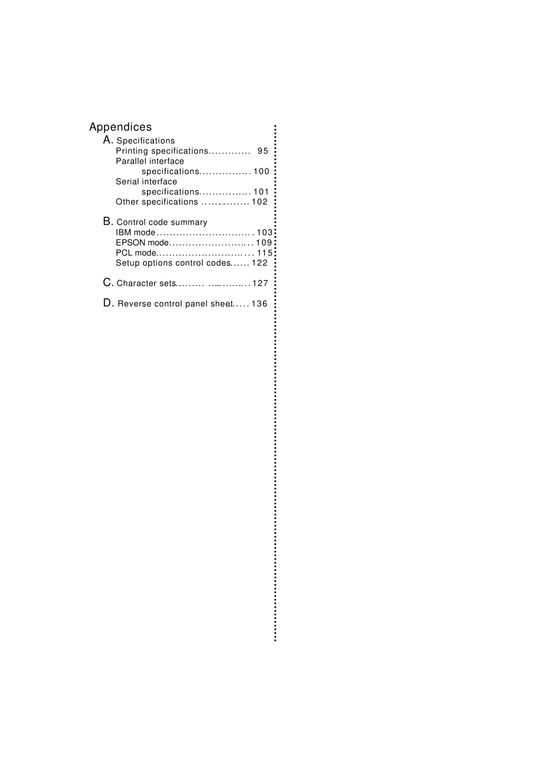 Seiko BX-900 owner manual Appendices, Other specifications Control code summary 