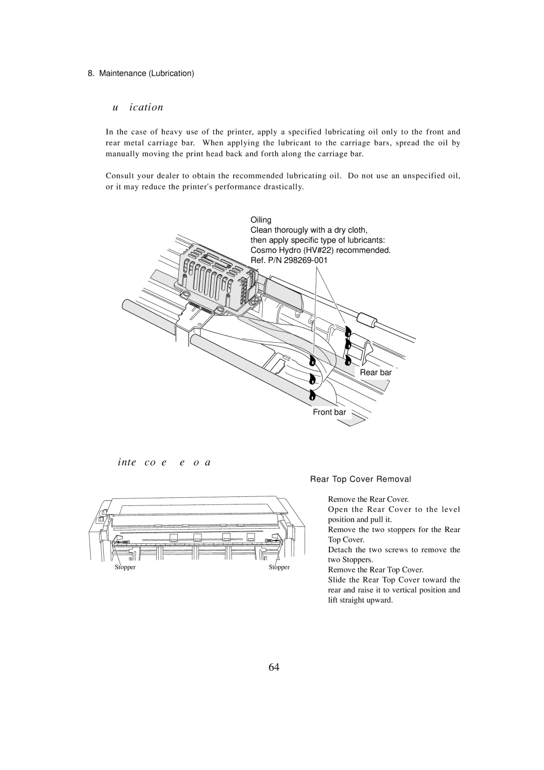 Seiko BX-900 owner manual Lubrication, Printer cover removal 