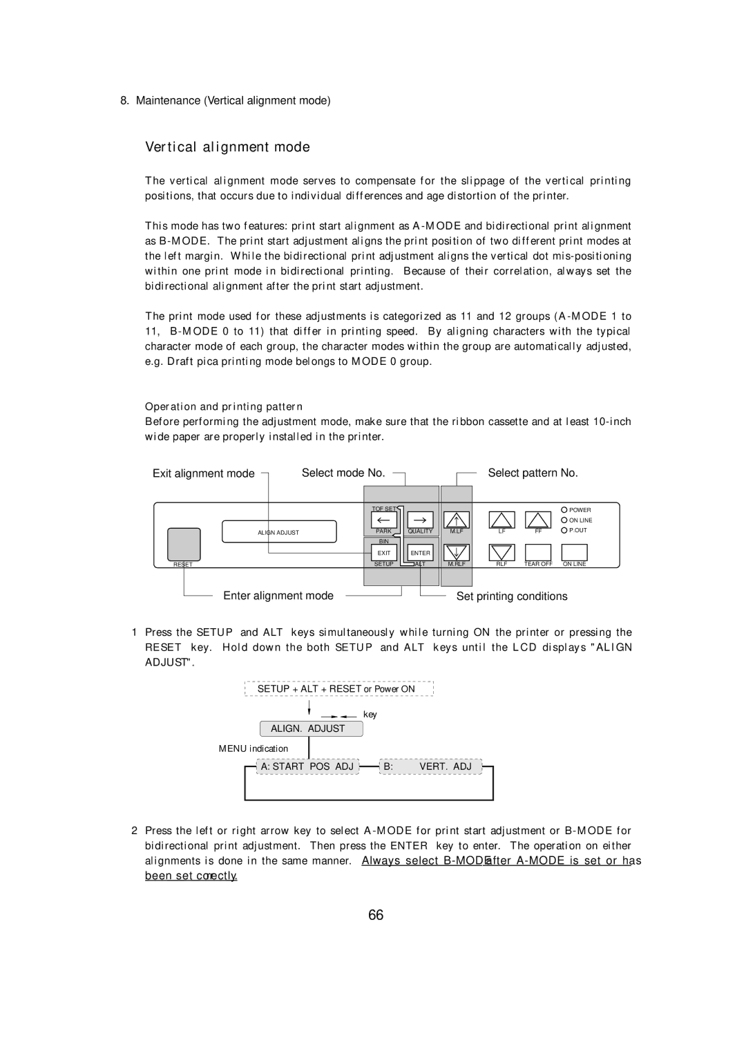 Seiko BX-900 owner manual Vertical alignment mode, Operation and printing pattern 