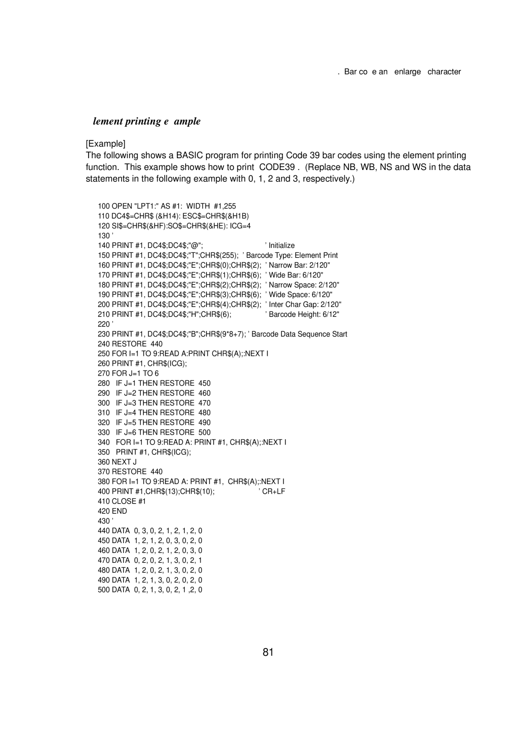 Seiko BX-900 owner manual Element printing example 