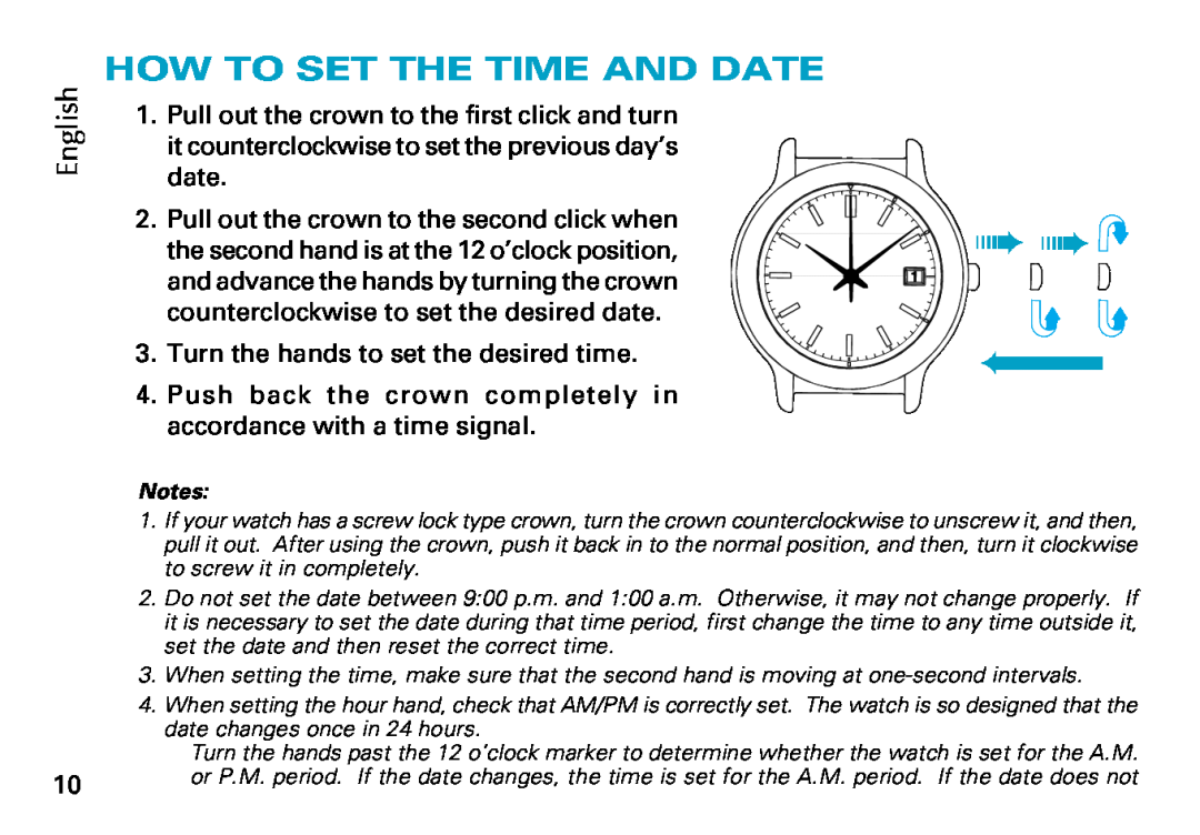 Seiko Cal. 5J22 5J32 manual How To Set The Time And Date, English, Turn the hands to set the desired time 