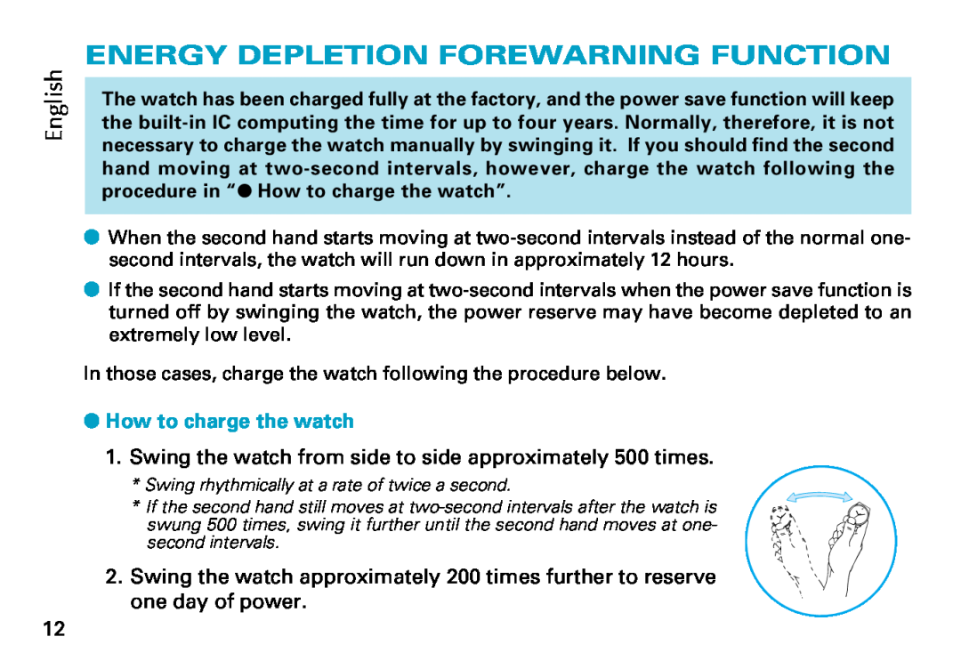 Seiko Cal. 5J22 5J32 manual Energy Depletion Forewarning Function, How to charge the watch, English 