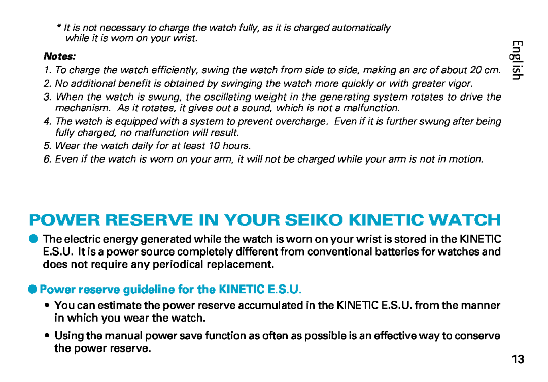 Seiko Cal. 5J22 5J32 Power Reserve In Your Seiko Kinetic Watch, Power reserve guideline for the KINETIC E.S.U, English 